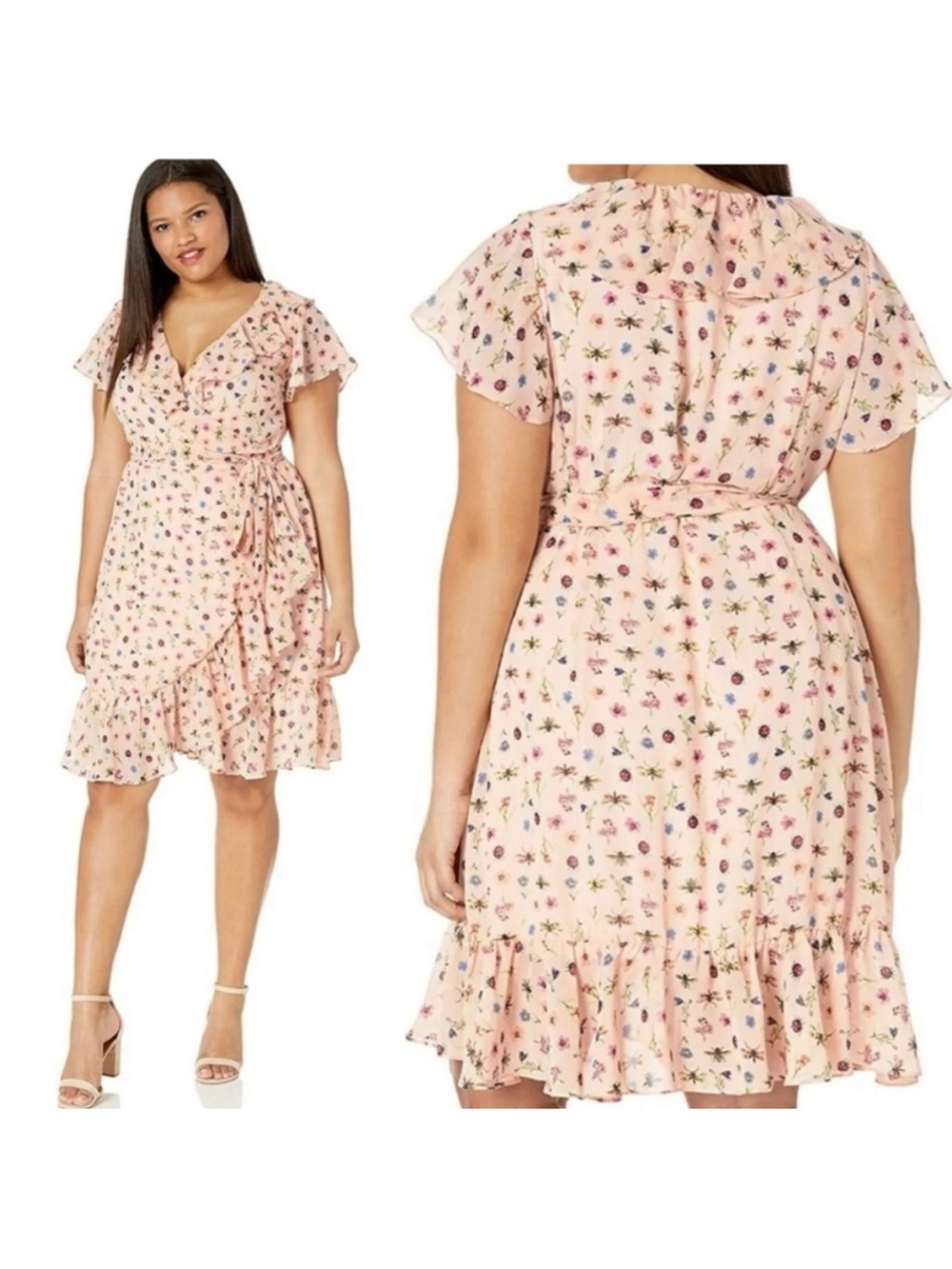 Betsey Johnson Garden Bug Wrap Ruffle Dress Garden Party Cocktail Spring Size 8